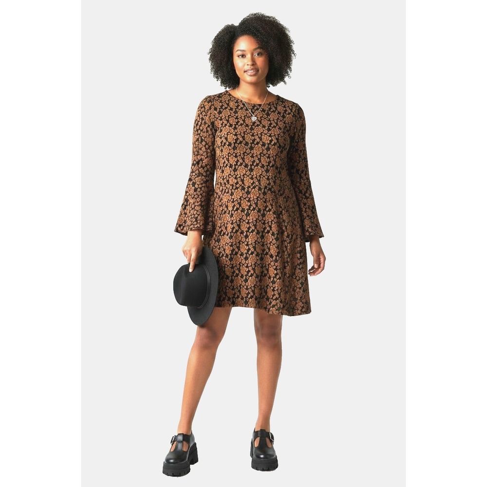 Unique Vintage PLUS SIZE 2X Dress Brown Black Floral Jacquard Bell Sleeve EUC